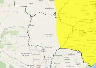 Área em amarelo na faixa leste do Estado indica risco de tempestade (Arte: Inmet)