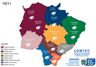 Mapa aponta temperaturas mínimas e máximas esperadas para o domingo (19). (Arte: Cemtec)