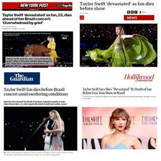Jornais internacionais repercutiram morte de jovem em show de Taylor Swift (Fotos; Reprodução)