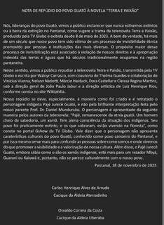 Carlos Henrique Alves de Arruda, cacique da Aldeia Aterradinho, e Osvaldo Correia da Costa, Cacique da Aldeia Uberaba publicaram comunicado.