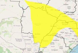 Área em amarelo indica risco de chuva intensa na maior parte de MS (Arte: Inmet)
