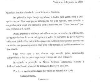 Carta do Papa Francisco ao povo Guarani e Kaiowá. (Foto: Reprodução)