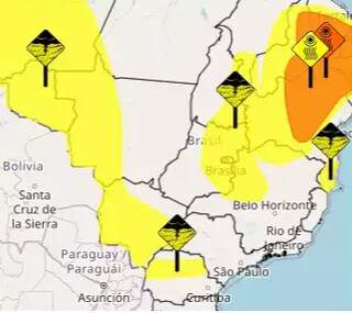 No mapa, o alerta amarelo de chuvas intensas sobre a região de MS (Foto/Reprodução)