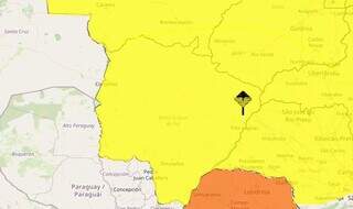 Área em amarelo indica possibilidade de tempestade em todo MS (Arte: Inmet)