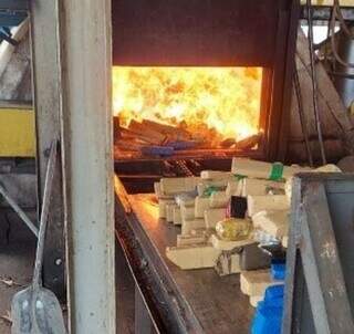 Entorpecente apreendido é incinerado em forno industrial. (Foto: Reprodução/Polícia Civil)