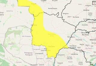 Área em amarelo indica risco de tempestade em parte de MS (Arte: Inmet)