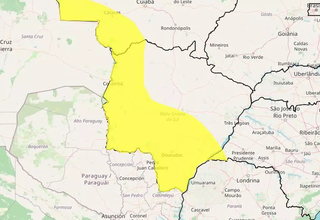 Área em amarelo indica risco de tempestade em parte de MS. (Arte: Inmet) 