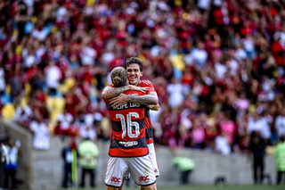Jogadores comemoram vitória no Maracanã. (Foto: Marcelo Cortês/Flamengo)