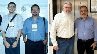 À esquerda, Luiz Tavares e seu orientador José Luque em 2001, enquanto na foto à direita, em 2023, dupla de pesquisadores se reúne novamente (Foto: Divulgação)