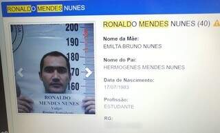 Ficha de Ronaldo Mendes Nunes no sistema prisional de MS, em 2009 (Foto: Reprodução)