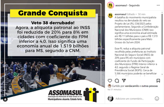 Reprodução da postagem da Assomasul nas redes sociais celebrando derrubada do veto (Foto: Instagram)