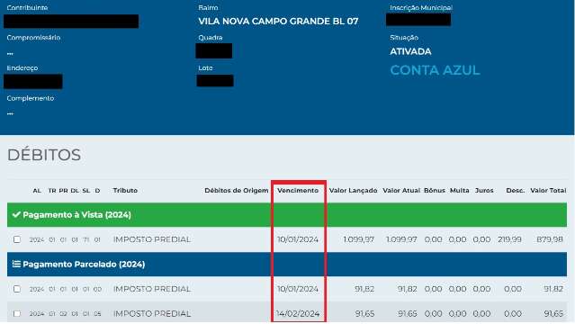 Boletos para pagamento do IPTU 2024 j&aacute; est&atilde;o dispon&iacute;veis em Campo Grande