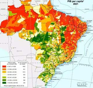 Cores indicam o PIB per capita no Brasil, com a cor verde em municípios com maior renda. (Fonte: IBGE)