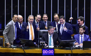 Deputados comemoram aprovação do texto em Plenário. (Foto: Zeca Ribeiro/Câmara dos Deputados)