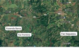 Mapa mostra localização de fazendas em área de tensão, no município de Antônio João (Reprodução/Google)