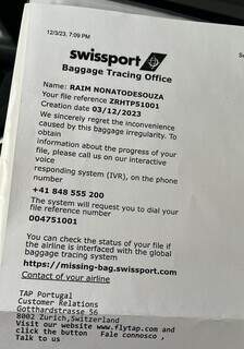 Documento do extravio da bagagem expedido no aeroporto de Zurich, na Suíça, com código para o rastreamento - Foto: Reprodução
