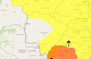 Área em amarelo indica risco de chuva intensa e tempestade em parte de MS (Arte: Inmet)