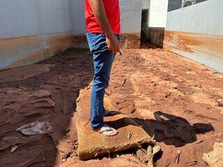 Parte externa, do quintal da casa ficou encoberto após enxurrada de lama (Foto: Marcos Maluf)