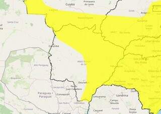 Área em amarelo indica risco de chuva intensa em parte de MS (Arte: Inmet)