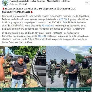 Polícia boliviano postou em redes sociais a transferência (Foto/Reprodução)