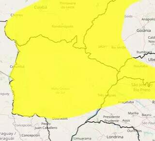 Mapa indica alerta de chuvas intensas em boa parte de Mato Grosso do Sul (Foto: Reprodução/Inmet)