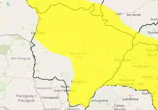 Mapa mostra regiões de Mato Grosso do Sul sob alerta de chuvas intensas (Foto: Reprodução/Inmet)