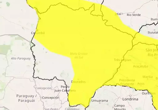 Mapa mostra regiões de Mato Grosso do Sul sob alerta de chuvas intensas. (Foto: Reprodução/Inmet)