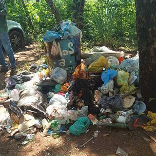 Com lixeira lotada, sacos de lixo ficam espalhados na região da Cachoeira do Céuzinho (Foto: Direto das Ruas)