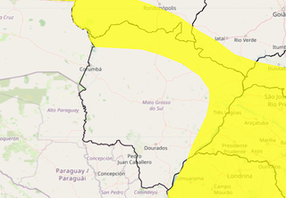 No mapa, faixa amarela indica possibilidade de chuvas intensas para algumas cidades de Mato Grosso do Sul (Foto: reprodução / Inmet) 