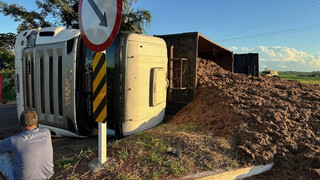 Condutor ao lado da carreta tombada em rodovia; ele saiu ileso (Foto: Jornal da Nova)