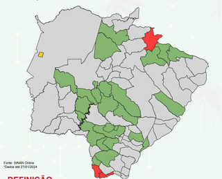Mapa de MS com municipios com maior índice de possiveis casos da doença (Foto: Reprodução)