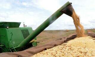Colheitadeira descarrega produção de soja em caminhão; impacto do clima reduz produtividade geral. (Foto: Arquivo/Agência Brasil)