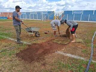 Funcionários da Funesp fazendo manutenção no gramado do Estádio Jacques da Luz (Foto: Divulgação)