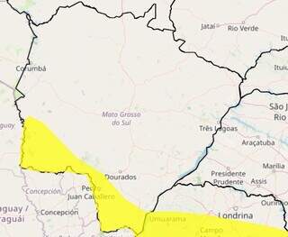 Faixa amarela no mapa indica as cidades com possibilidade de ocorrência de tempestade (Foto: reprodução / Inmet)