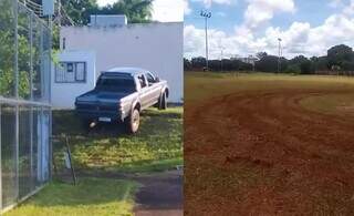 Caminhonete foi flagrada fazendo &#34;zerinho&#34; que acabou com o gramado de campinho de futebol (Fotos: Direto das Ruas)