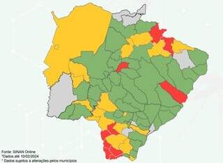 No mapa, cor vermelha indica municípios de MS com alto índice de dengue; amarelo, médio índice; e verde, baixo índice (Foto: Reprodução/Boletim Epidemiológico SES)