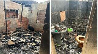 Cômodos da casa com restos dos escombros que sobraram do incêndio (Foto: Reprodução)