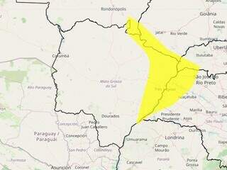 Área amarela no mapa indica chuva forte em algumas cidades interior do Estado (Foto: reprodução / Inmet) 