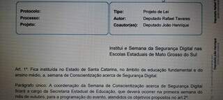 Print da tela de site da Assembleia Legislativa, com o projeto copiado de Santa Catarina.
