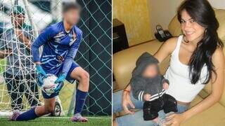 Bruno Samudio durante jogo e no colo da mãe, quando era bebê (Fotos: Reprodução das redes sociais)