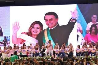 Michelle Bolsonaro faz discurso no encontro &#34;PL Mulher&#34;, em Campo Grande (Foto: Paulo Francis)
