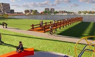 Imagem do projeto de revitalização mostra passarela e parte de playground planejados para o entorno da Lagoa Itatiaia (Imagem: Reprodução/Prefeitura de Campo Grande)