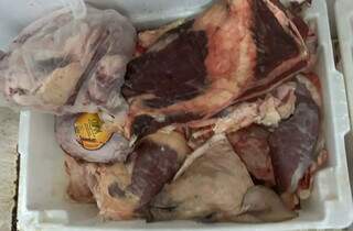 Peças de carne bovina e cabeça de porco sem origem comprovada (Foto: Divulgação | PCMS)
