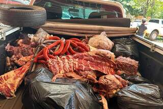 As carnes clandestinas e os produtos apreendidos no segundo comércio (Foto: Direto das Ruas)