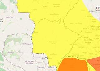 Área em amarelo indica risco de chuva intensa em todo MS (Arte: Inmet)