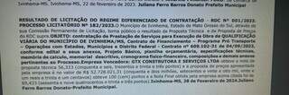 Publicação da Prefeitura de Ivinhema em Diário Oficial sobre a GTX. (Foto: Reprodução)