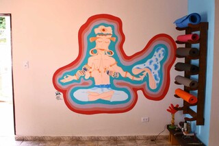 Na sala de yoga, pintura na parede divide espaço com tapetes. (Foto: Paulo Francis)