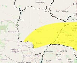 Faixa amarela no mapa indica temporal para algumas cidade de Mato Grosso do Sul (Foto: reprodução /Inmet) 