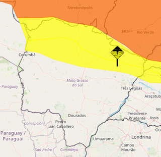 Alerta laranja (perigo) e amarelo (perigo potencial) atingirá região norte de Mato Grosso do Sul nas próximas horas. (Arte: Inmet)