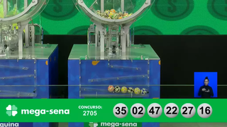 Concurso 2.705 da Mega-Sena teve 2, 16, 22, 27, 35 e 47 como dezenas sorteadas nesta terça-feira (26). (Foto: Reprodução/Caixa)